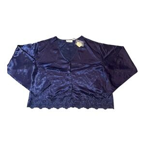 90s Victoria's Secret Navy Blue Satin Lace‎ Trim Button Up Top Blouse Medium NWT